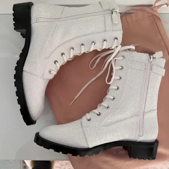 Stuart Weitzman New Crystal Buckle White glitter sparkle Lace-Up combat Boots 9
